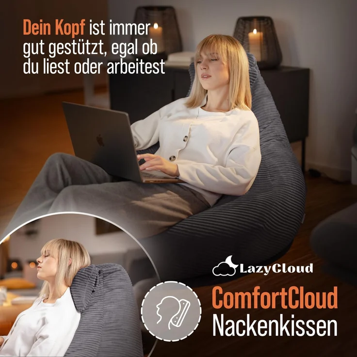 LazyCloud Sitzsack für Erwachsene mit integrierter [Nackenstütze] Cord | XXL Indoor Bean Bag mit Füllung | perfekt als Chill-, Lese- oder Gaming Sessel (90 x 80 x 70 cm) (Anthrazit) – Bild 3