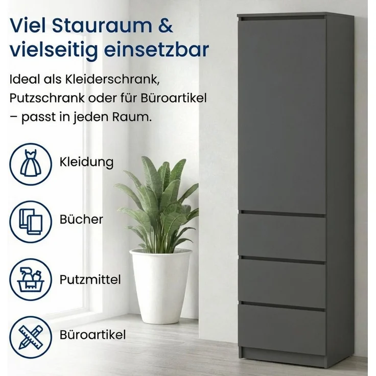 Home Collective Kleiderschrank Garderobenschrank Mehrzweckschrank Schrank platzsparend & vielseitig (50x40x180,5 cm (BxTxH), ideal für Schlafzimmer Flur & Arbeitszimmer) mit 1 Tür 3 Einlegeböden & 3 Schubladen in anthrazit – Bild 3