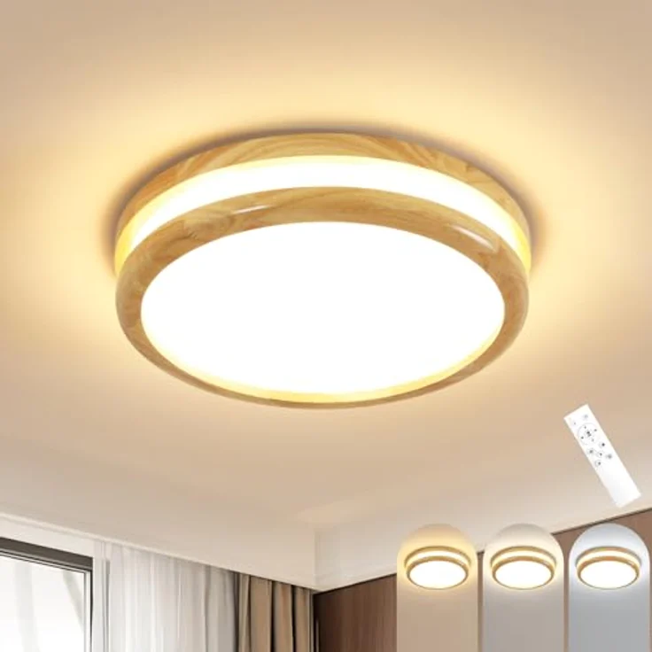 Goeco LED Deckenleuchte Flach RundDimmbar, 24W Holz Ø30CM Deckenlampe mit Fernbedienung, 3000-6500K, LED Deckenbeleuchtung Rund für Wohnzimmer Schlafzimmer Flur Küche – Bild 2
