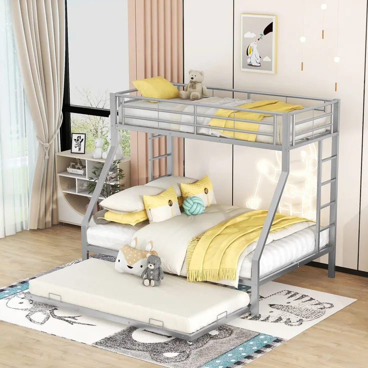 Merax Etagenbett für Erwachsene, Metallbett Hochbett mit ausziehbarem Bett 90x200cm/140x200cm/90x190cm, silbern
