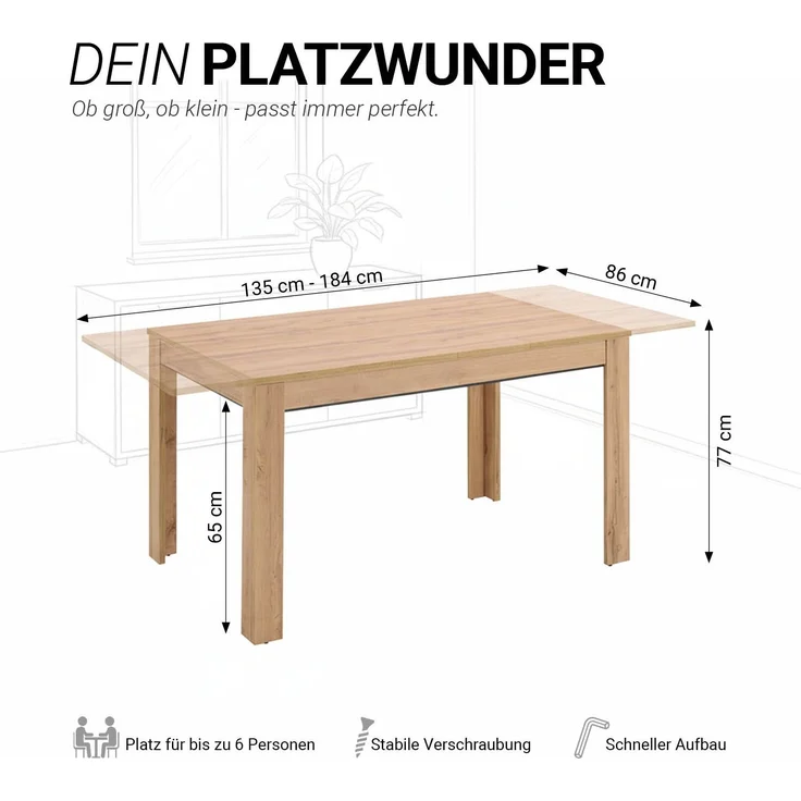 Esstisch ausziehbar 135x86 cm Wohnzimmertisch Holz Eiche Küchentisch Esszimmertisch Holztisch Tisch – Bild 3