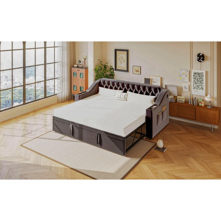 Schlafsofa Polsterbett, 2-Sitzer auf 90/180 x 190 cm erweiterbar, mit breiten und dicken Armlehnen, USB-Ladeanschluss, integrierte Ablage in Armlehnen, Ablagetaschen, mit Lattenrost, Samtstoff, dunkelgrau, 90/180 x 190 cm – Bild 6