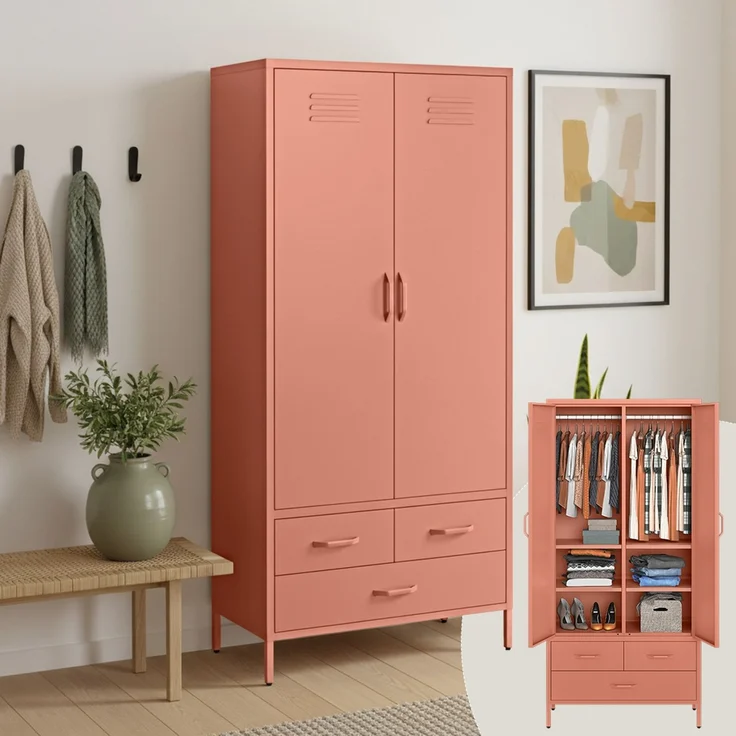 skølm 'Atria' Kleiderschrank mit 3 Schubladen, Metall, 170x45x80 cm, terrakotta, Garderobe mit 4 Fächern und 2 Kleiderstangen – Bild 1