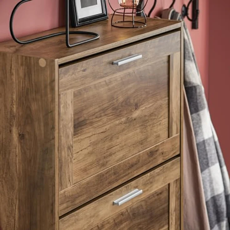 SoBuy Schuhschrank FSR137-BR, Braun, Holzwerkstoff, Schuhkipper mit 3 Klappen, 60x115x23 cm, für Eingangsbereiche – Bild 5