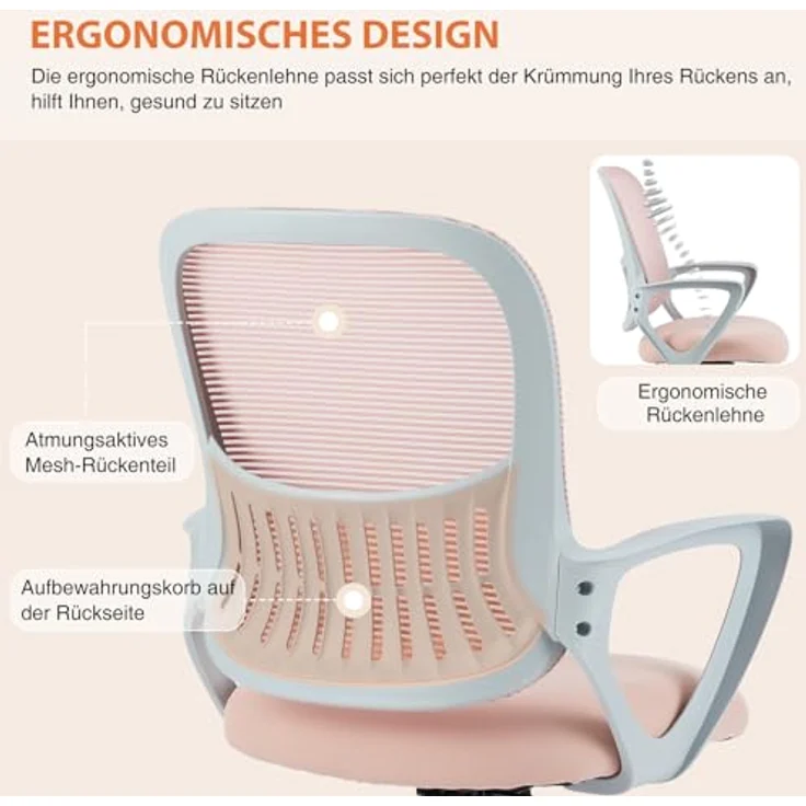 Sweetcrispy Bürostuhl Ergonomisch, Schreibtischstuhl mit Lendenwirbelstütze, Verstellbaren Armlehnen Drehstuhl, Höhenverstellbarer Office Chair, Bürostühle Geeignet für Büro und Schlafzimmer (Pink) – Bild 5