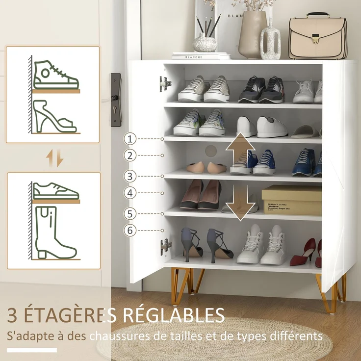 Schuhschrank, Schuhregal, 2 Türen, verstellbare Einlegeböden, 72 x 31,5 x 95 cm, weiß lackiert – Bild 6