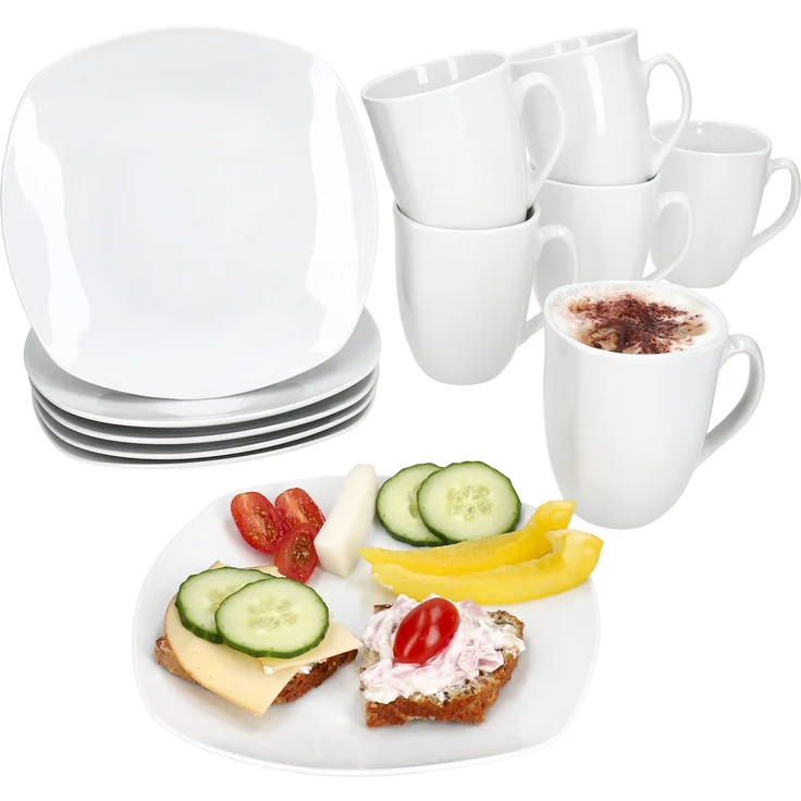 12tlg Frühstücksset Lotta weiß Porzellan 6 Personen kleine Teller Kaffeebecher – Bild 1