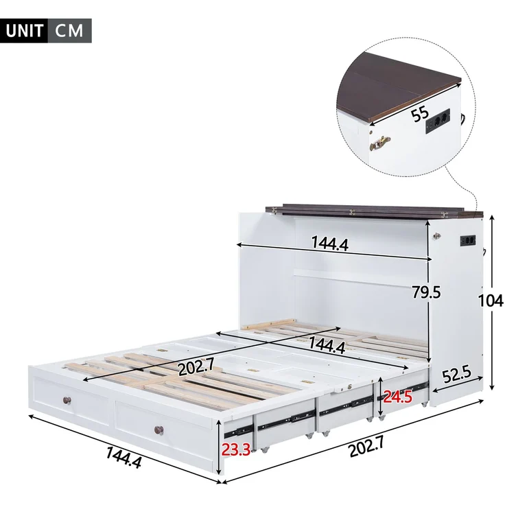 Schrankbett 140x200 cm mit Schublade und Regal, Klappbett mit integriertem USB-Anschluss und Steckdose, Bett mit Stauraum und Regalablag – Bild 6