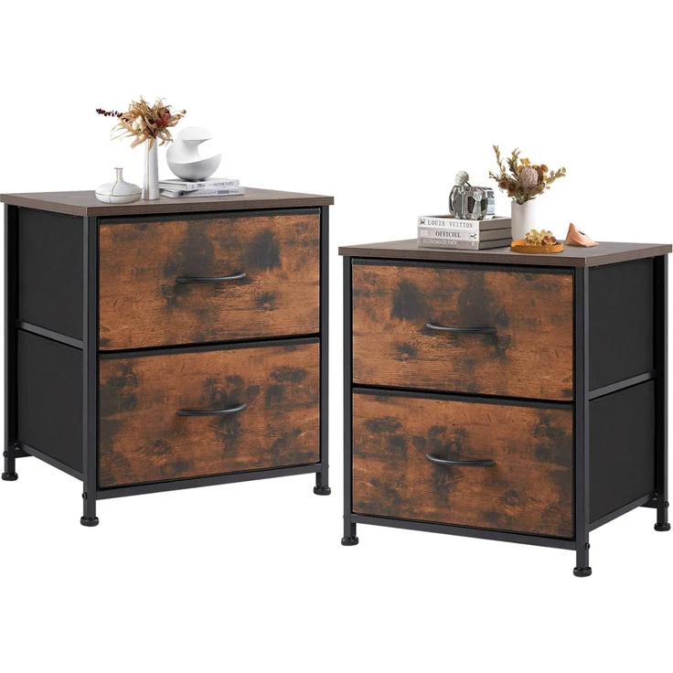 DUMOS Nachttisch 2er Set Beistelltisch Stoff Schubladenschrank Schmal Schrank Kommode Schlafzimmer Industrial Stil für Wohnzimme Kinderzimmer Flur Aufbewahrungsschrank