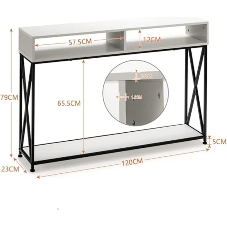 FANTASK 2 Ebenen Konsolentisch mit offnen Fächern, Flurtisch aus Holz, Standregal, Beistelltisch für Eingang, Wohnzimmer und Schlafzimmer, 120 x 23 x 79 cm (Weiß) – Bild 3