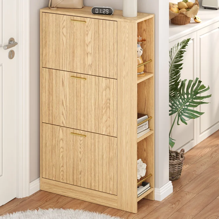 Schuhschrank, MDF in Holzoptik mit 3 Türen & offenen Fächern, 70x23,5x115 cm, Natur – Bild 4