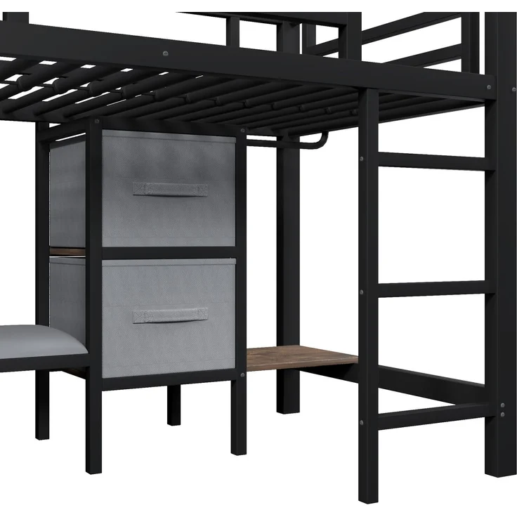 Kinderbett Halbhohes Bett 90x200 cm aus Metall mit LED-Beleuchtung, Sitzkissen, Stauraumschublade und Aufhängebereich – Bild 8
