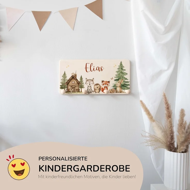 Kidsmood Kindergarderobe Personalisiert mit Namen, Kinderzimmer Möbel aus robustem Holz, Garderobenleiste Kinder, Baby Garderobe für Babyzimmer mit 4 Kleiderhaken Wand-Montage [40 x 20 x 1,5 cm] – Bild 7