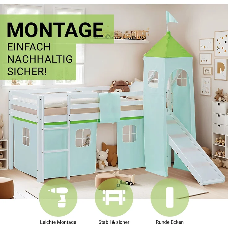 Hochbett Kinder 90x200 cm mit Rutsche Lattenrost Kinderbett Kinderhochbett Stockbett Vorhang Turm Grün – Bild 6