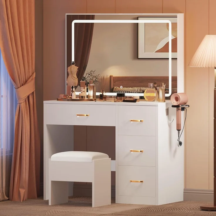 YITAHOME Schminktisch mit Spiegel, Kosmetiktisch mit 4 Schubladen, Beleuchtung, Steckdose, Weiß (Make Up Tisch, Frisiertisch, Kosmetiktisch, Vanity Table)
