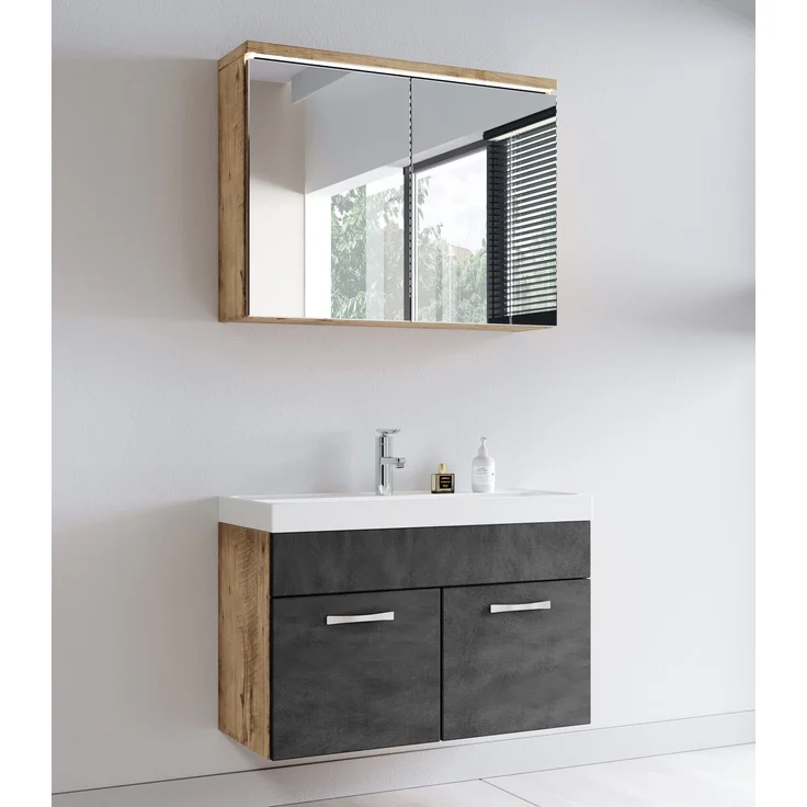 Badplaats Badmöbel Komplettset Paso 02 80 x 40 cm Kastanien Eiche mit Dunkel Grau - Badezimmermöbel mit Waschbecken und Spiegelschrank – Bild 2