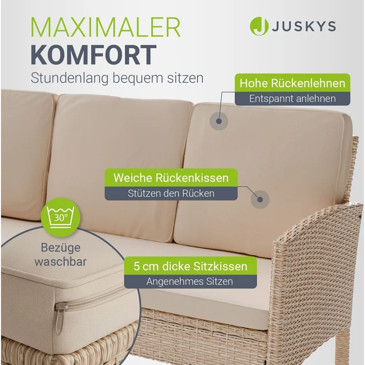Juskys Polyrattan Gartenmöbel Sitzgruppe Turin Set 6 teilig inkl. Abdeckung - 7 Personen - Outdoor Möbel mit Sessel, Hocker, Tisch & Kissen - Garten Loungemöbel Creme / Sand – Bild 3