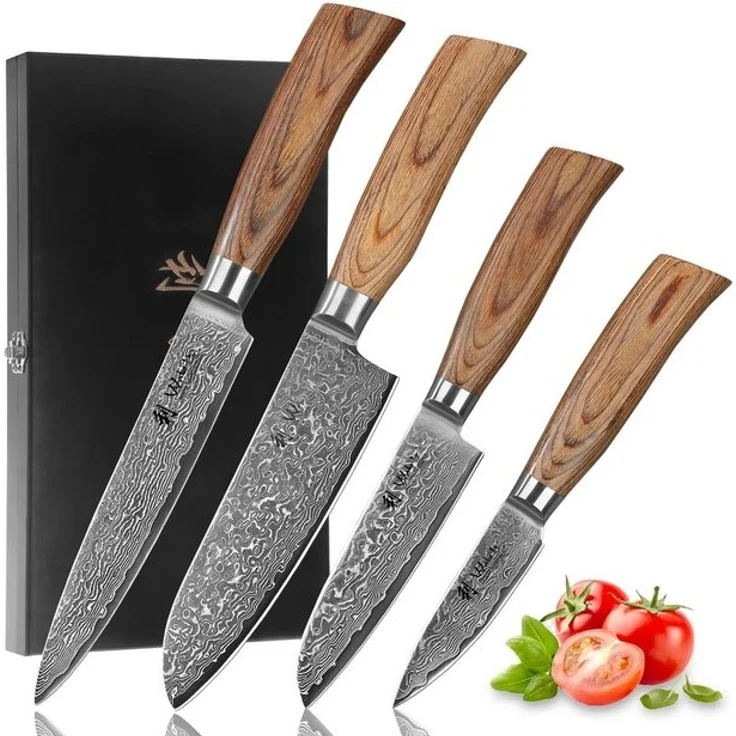 Wakoli Messer-Set Edib Pro 4 Damastmesser I Kochmesser Küchenmesser I 8-17cm Klingen (Damastmesser mit Geschenkbox, 4-tlg, 4er Damastmesser-Set mit Holzbox), 67 Lagen Damaststahl, VG-10 Stahlkern – Bild 4