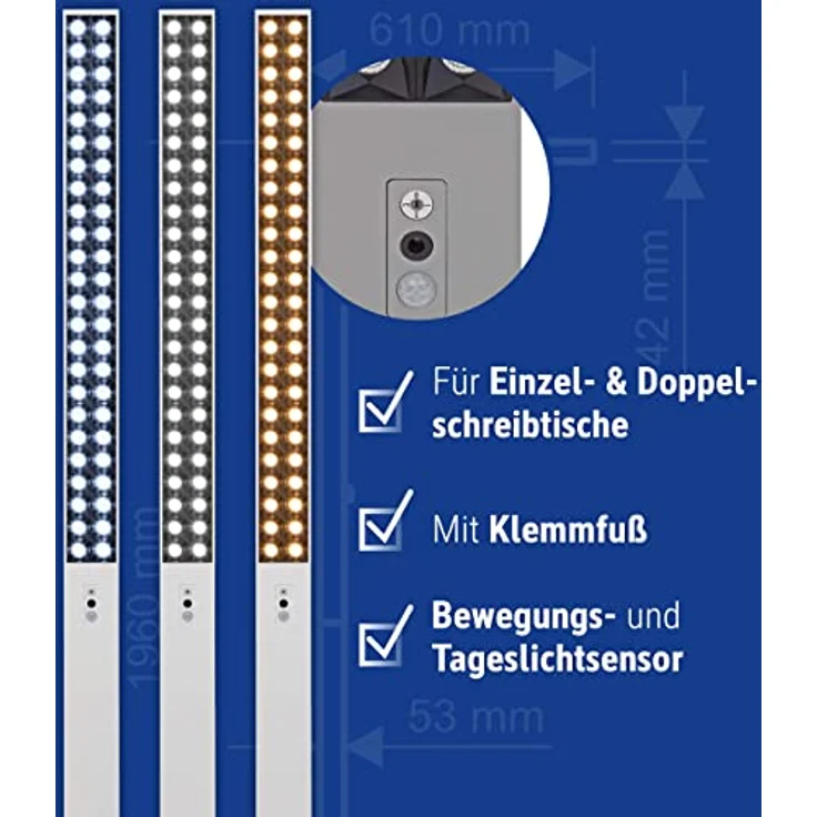 MAUL MAULsirius Schreibtischlampe, silber, 27 / 52 W mit Touchpanel, Tageslichtsensor und Tischklemme – Bild 3