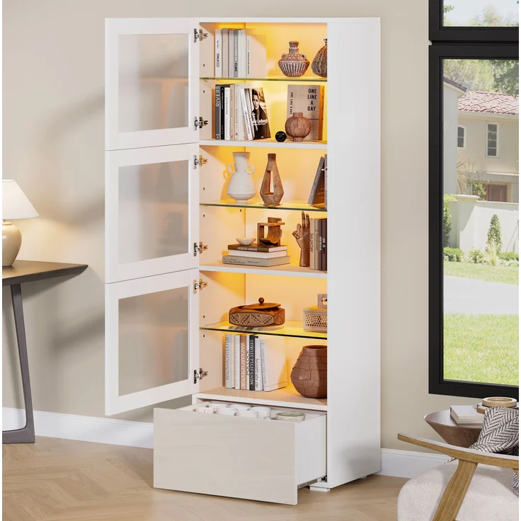 DESVIAE Vitrine mit LED-Beleuchtung 60x173x40 cm MDF, Glas und Acryl weiß – Bild 2
