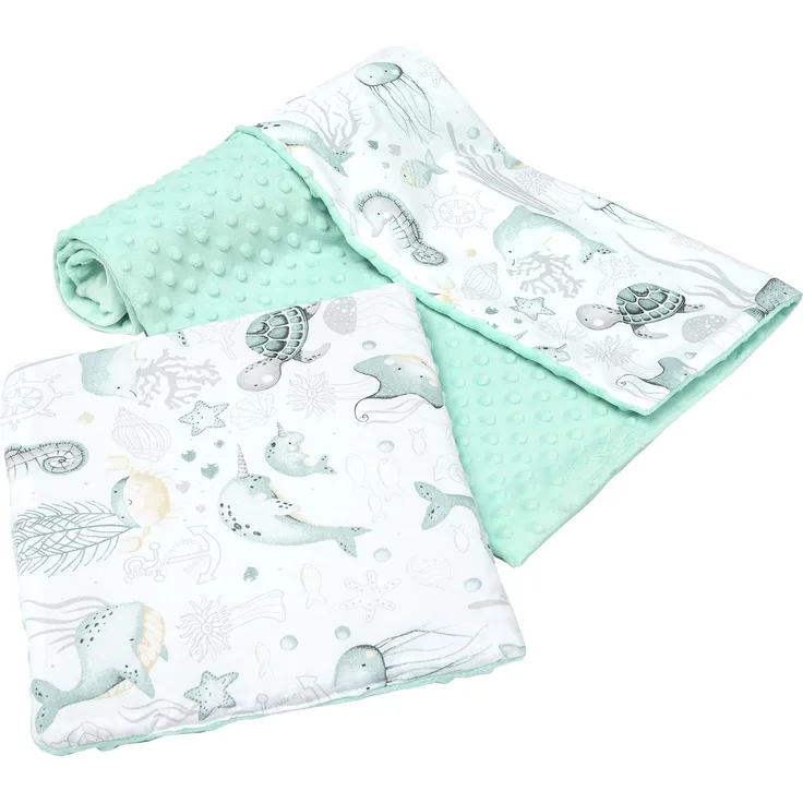 Medi Partners Babydecke Krabbeldecke mit Kissen 100% Baumwolle Minky Kinderdecke groß zweiseitig 75x100 + 35x30cm multifunktional für Bett Kinderwagen (Ozean mit minzer Minky)