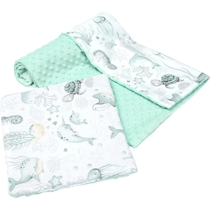 Medi Partners Babydecke Krabbeldecke mit Kissen 100% Baumwolle Minky Kinderdecke groß zweiseitig 75x100 + 35x30cm multifunktional für Bett Kinderwagen (Ozean mit minzer Minky)