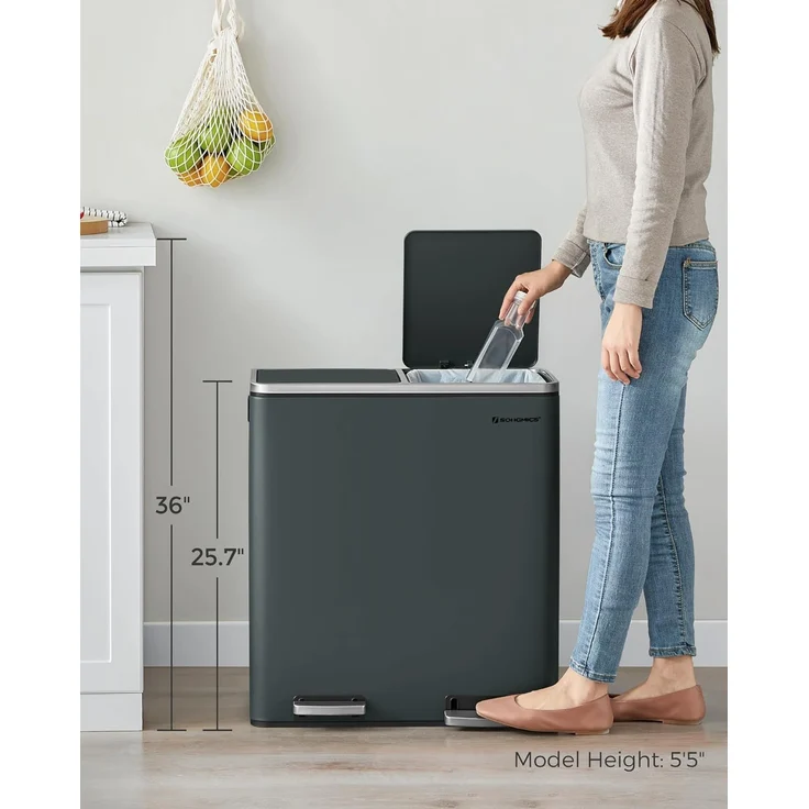 Songmics Mülleimer mit 2 Fächern und Softclose, luftdicht inkl. Müllbeutel, Metall, 60 (2x30) Liter, Rauchgrau – Bild 8