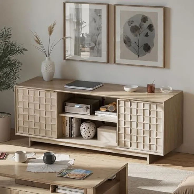 COLAMY TV-Schrank mit Zwei Türen, Entertainment-Center 150 cm mit verstellbaren Einlegeböden und Stauraum, Mid-Century Modern TV-Board für 50/55/65 Zoll Fernseher, Media-Konsole für Wohnzimmer, Eiche