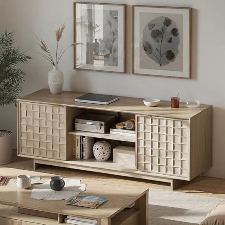 COLAMY TV-Schrank mit Zwei Türen, Entertainment-Center 150 cm mit verstellbaren Einlegeböden und Stauraum, Mid-Century Modern TV-Board für 50/55/65 Zoll Fernseher, Media-Konsole für Wohnzimmer, Eiche – Bild 1
