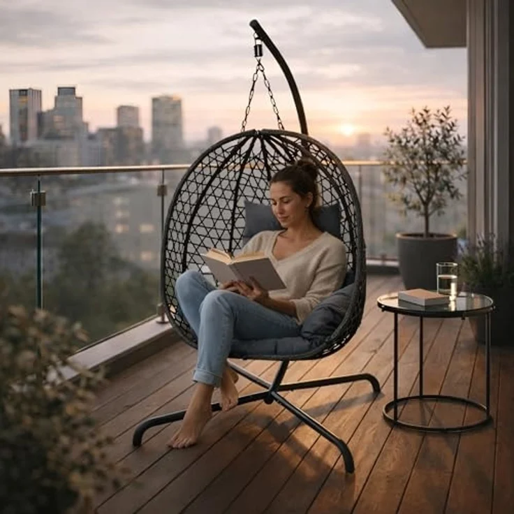 BURI Hängesessel mit Gestell | Robuster Hängestuhl in Anthrazit | Hängeschaukel für Indoor und Outdoor | Balkon Hängekorb Inkl. Kissen | leichter Aufbau – Bild 5