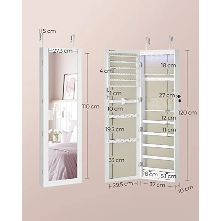 Songmics Schmuckschrank mit LED Beleuchtung und Spiegel, MDF Weiß-Greige, 10 x 37 x 120 cm – Bild 6