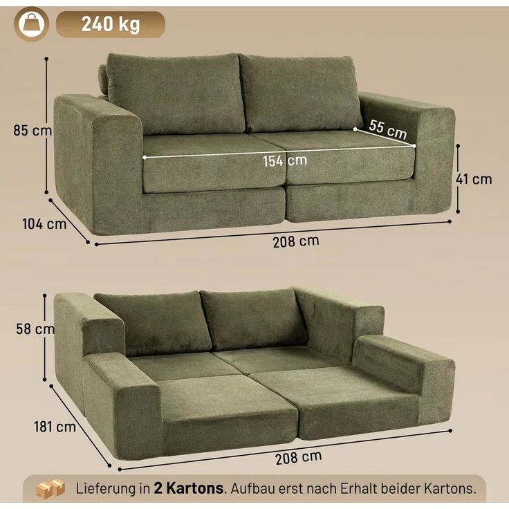 HOMCOM Schlafsofa, Polyester, Grün, 208 x 181 x 58 cm – Bild 3