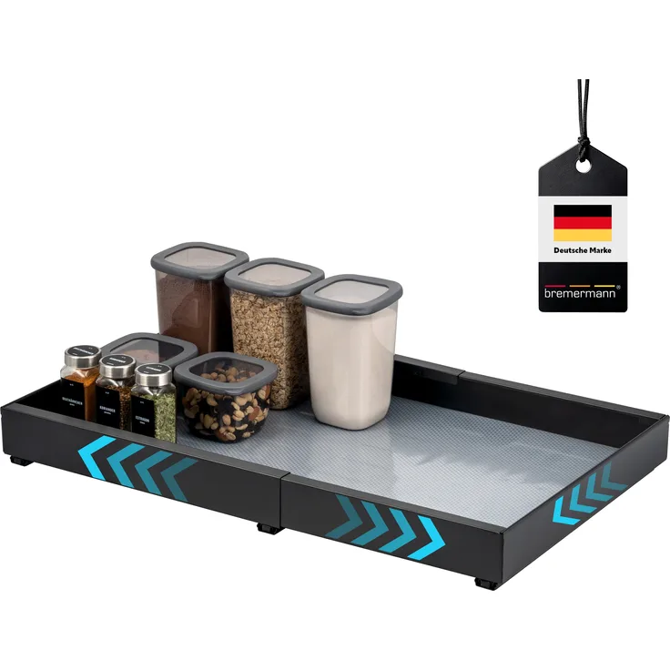Teleskopschublade mit Einlegeboden, ausziehbar, Breite von 43-67 cm, zum Kleben oder Bohren, aus schwarzem Metall