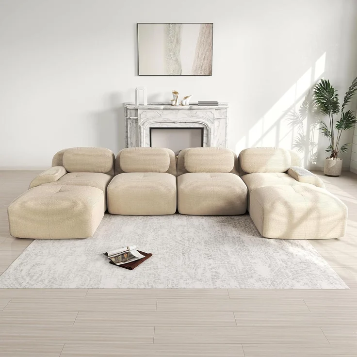 Sofa Uförmiges Cordstoff Wohnzimmer Wohnung Beige J 4 Sitzer 2 Hocker – Bild 4