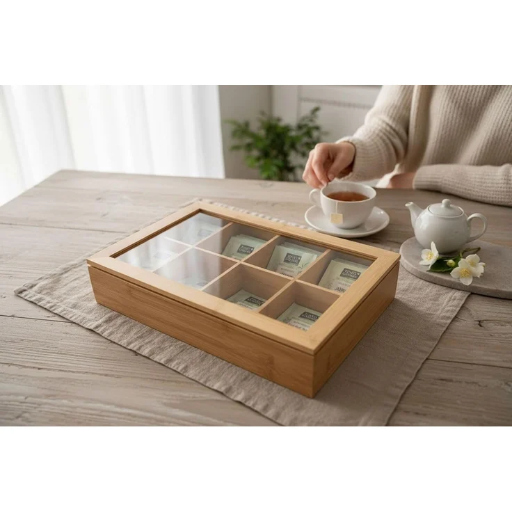 LS-LebenStil Teebox Holz Aufbewahrungsbox Teebox 8 Fächer mit Deckel Teekiste Schmuckkiste, Bambus, (Nachhaltiger Organizer - durchsichtiger Glasdeckel, 1-tlg, Holzkiste Schmuckkiste Schmuckkasten Schmuckkästchen), Aufbewahrung für Teebeutel, Tee, Schmuck – Bild 6