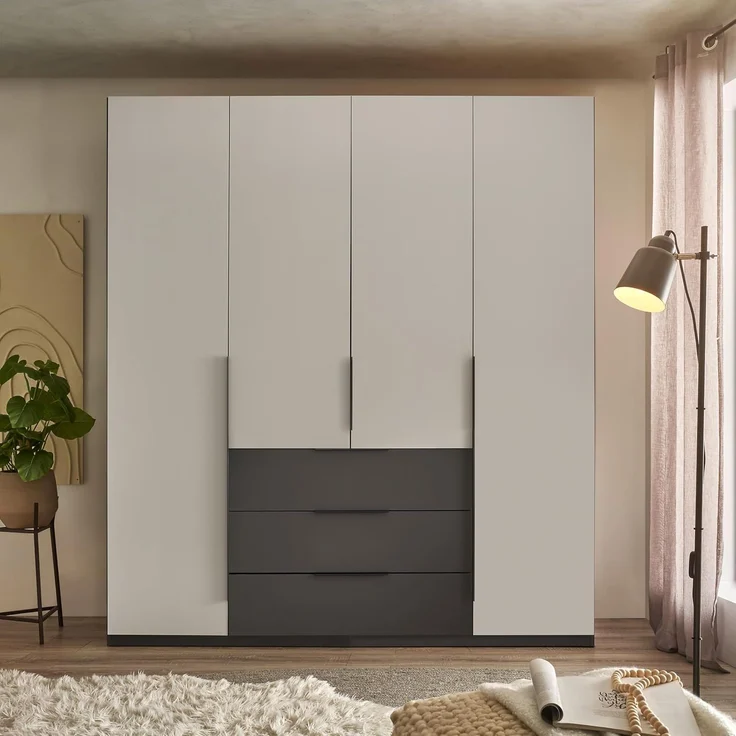Stella Trading Nuka Kleiderschrank in Hellgrau, Graphit - Vielseitiger Drehtürenschrank 4-türig für Ihr Schlafzimmer - 201 x 226 x 60 cm (B/H/T) – Bild 5
