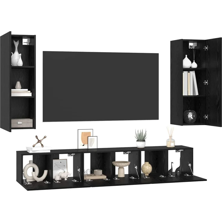 TV-Lowboard, TV-Schrankset 5 pcs Schwarz Eichen-Optik Holzwerkstoff – Bild 3