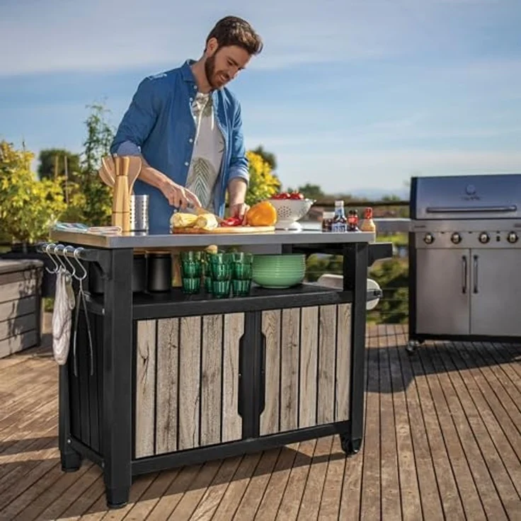 Keter Grillablagetisch UNITY XL in Holzoptik Pinie, aus Kunststoff mit Edelstahlplatte (mit Küchenrollenhalterung, Aufhängungen), abschließbar, UV- und witterungsbeständig – Bild 4