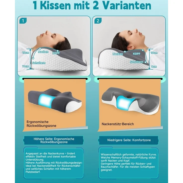 Esun Kopfkissen Nackenstützkissen, Kopfkissen Memory Foam, Kissen Seitenschläferkissen, Füllung: Rückstellschaum, Seitenschlafer, Rückenschlafer, Bauchschlafer, Set, Kissen, Pillow Kissen für Seiten, Rücken & Bauchschläfer – Bild 3