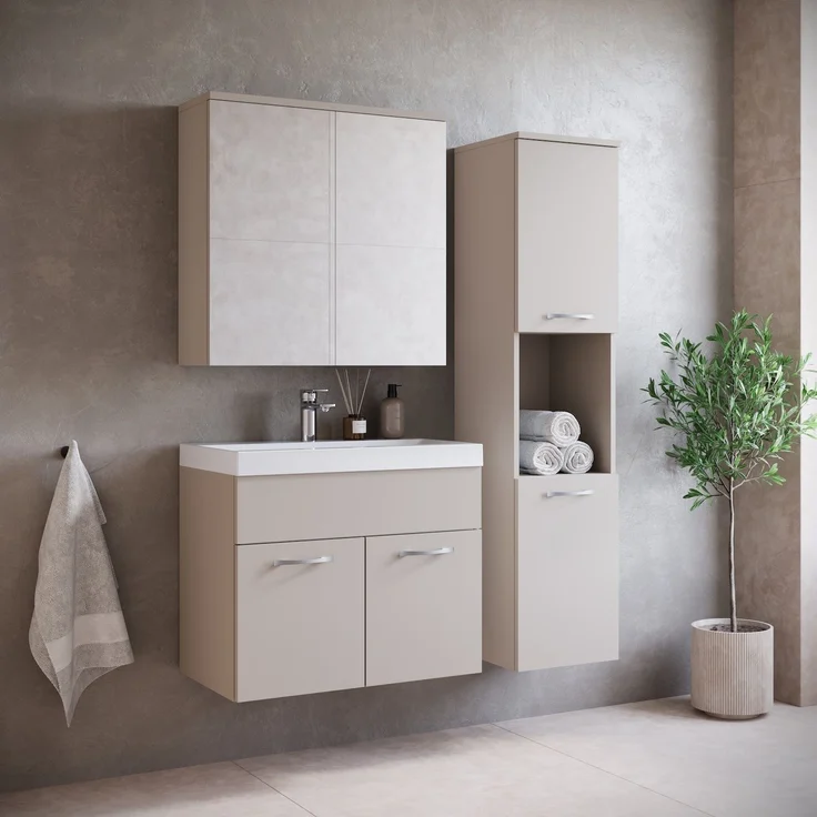 Badplaats Badmöbel Komplettset Montreal 60x35 cm Cashmere - Badezimmermöbel mit Waschbecken, Spiegelschrank und Badezimmerschrank – Bild 2