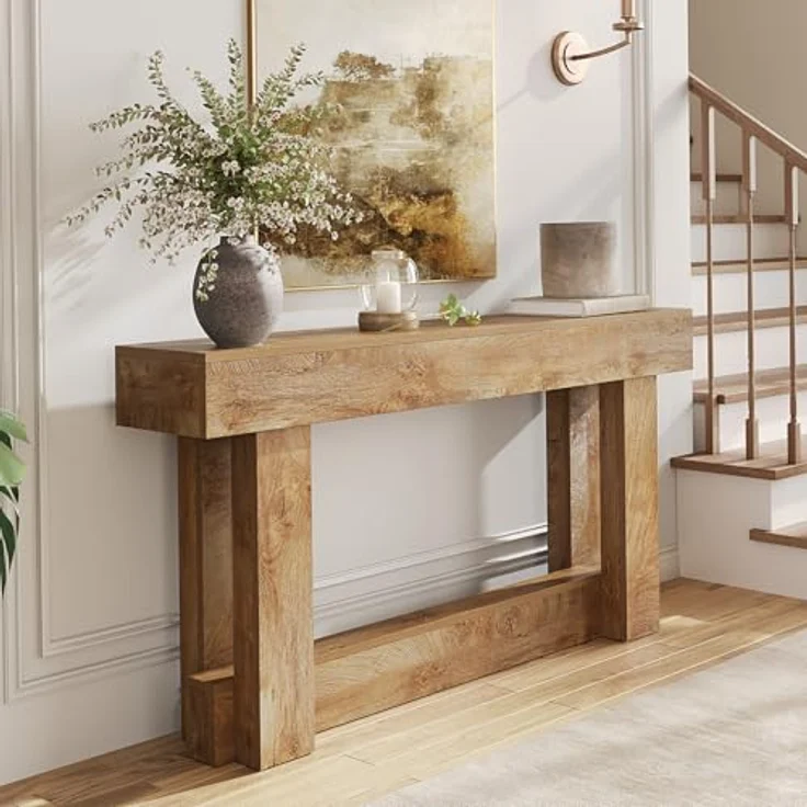 LITTLE TREE 63-Zoll-Konsolentisch im Landhausstil, 2-stufiger Sofatisch aus Holz für hinter die Couch, schmaler, Langer Eingangstisch für Wohnzimmer, Eingangsbereich, Flur (Natur) – Bild 8