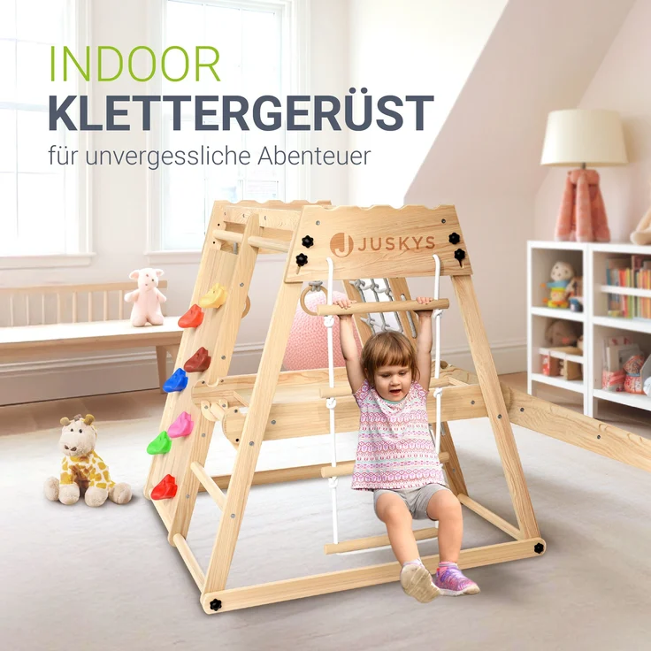 Juskys Mini Klettergerüst mit Rutsche, Kletterwand, Kletternetz & Turnringe, klappbar, Holzwerkstoff natur, 105 x 100 x 100 cm – Bild 2