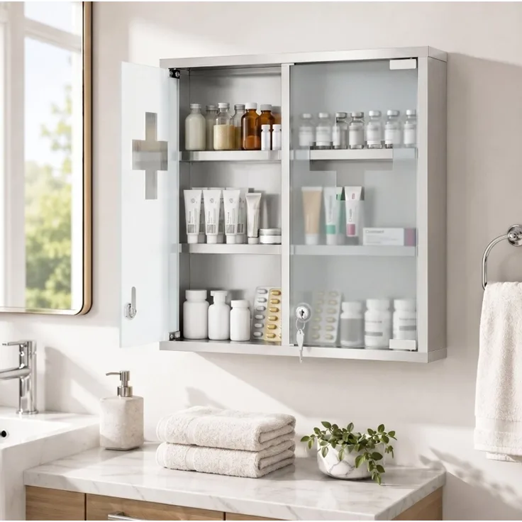 Medizinschrank 48 x 46 x 12 cm mit abschließbaren Milchglastüren und sechs Aufbewahrungszonen