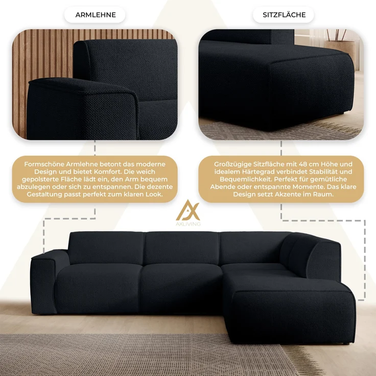 AX LIVING Couch Sofa L Form Didim L Schwarz – 292 cm, stilvoll & bequem R – Bild 6