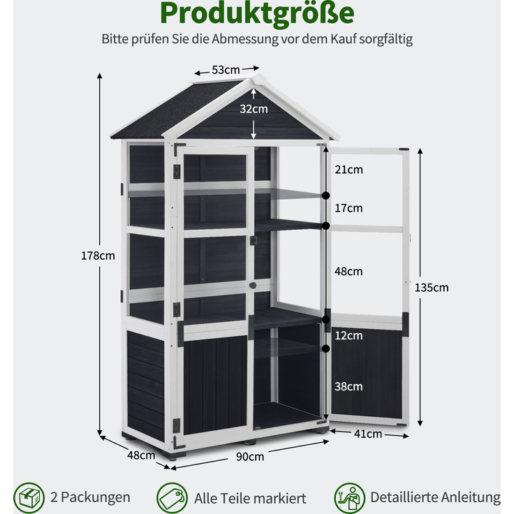 M MCombo Gartenschrank Holz Klein, Outdoor Gartenhaus Gerätehaus Wetterfest, Gewächshaus für Balkon & Terrasse, 0111 (Anthrazitgrau) – Bild 3