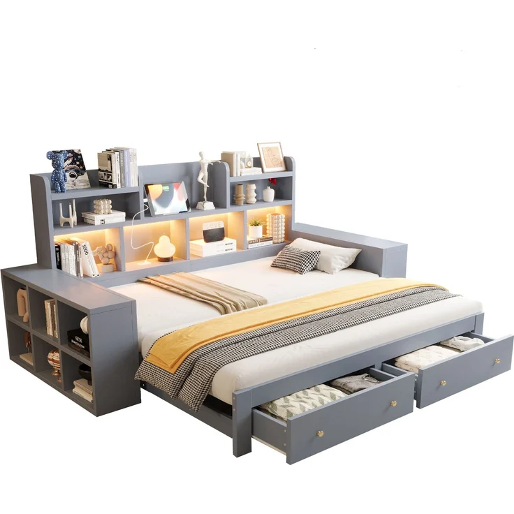 CHICFURN Ausziehbett aus MDF Grau 90/180x200 cm mit Stauraum und LED-Beleuchtung – Bild 7