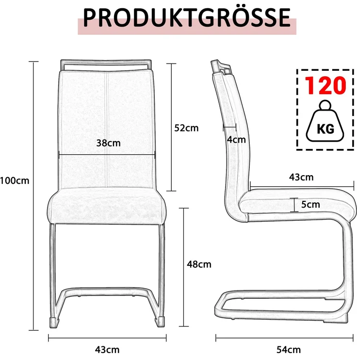 Freischwinger Stühle 4er-Set mit Kunstleder, ergonomischer Sitzkomfort, hohe Rückenlehne, verchromtes Metallgestell,Schwarz – Bild 8