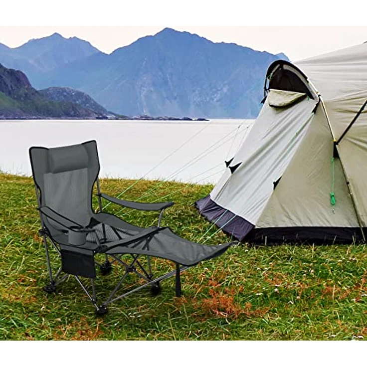 eSituro Faltstuhl Klappstuhl Campingstuhl klappbar, 2er Set, bis 150 kg, Angelstuhl Anglersessel faltbar, Campingliege mit Getränkehalter & Tragetasche, Grau – Bild 3
