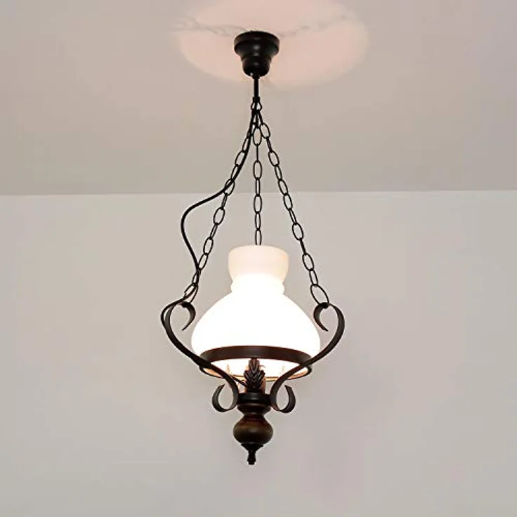 Licht-Erlebnisse Pendelleuchte Petronel, Aluminiumguss mit Fuß aus Walnuss Holz und satiniertem Glas, Landhaus Stil – Bild 8