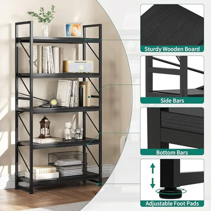 YITAHOME Bücherregal mit 5 Ebenen, Großes Standregal, Holzregal und Metallrahmen, Industrieregal, Bodenstehendes Lagerregal, für Wohnzimmer, Home Office, Schwarz Regal – Bild 6